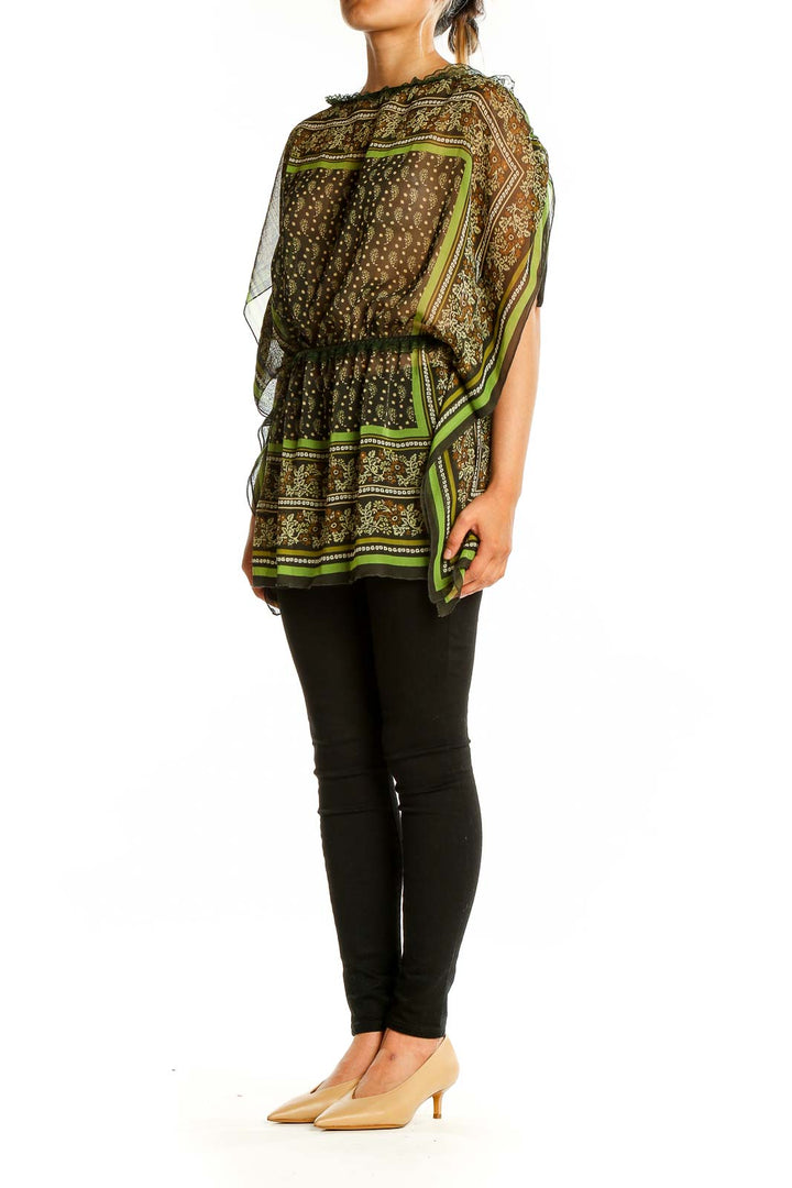 Front view of V Cristina green patterned sheer tunic top with boat neckline and tied sleeves