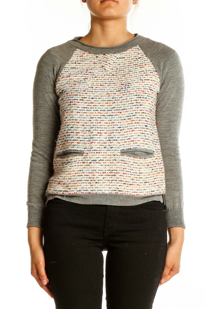 Front view of J.Crew gray textured sweater with multi-colored panel