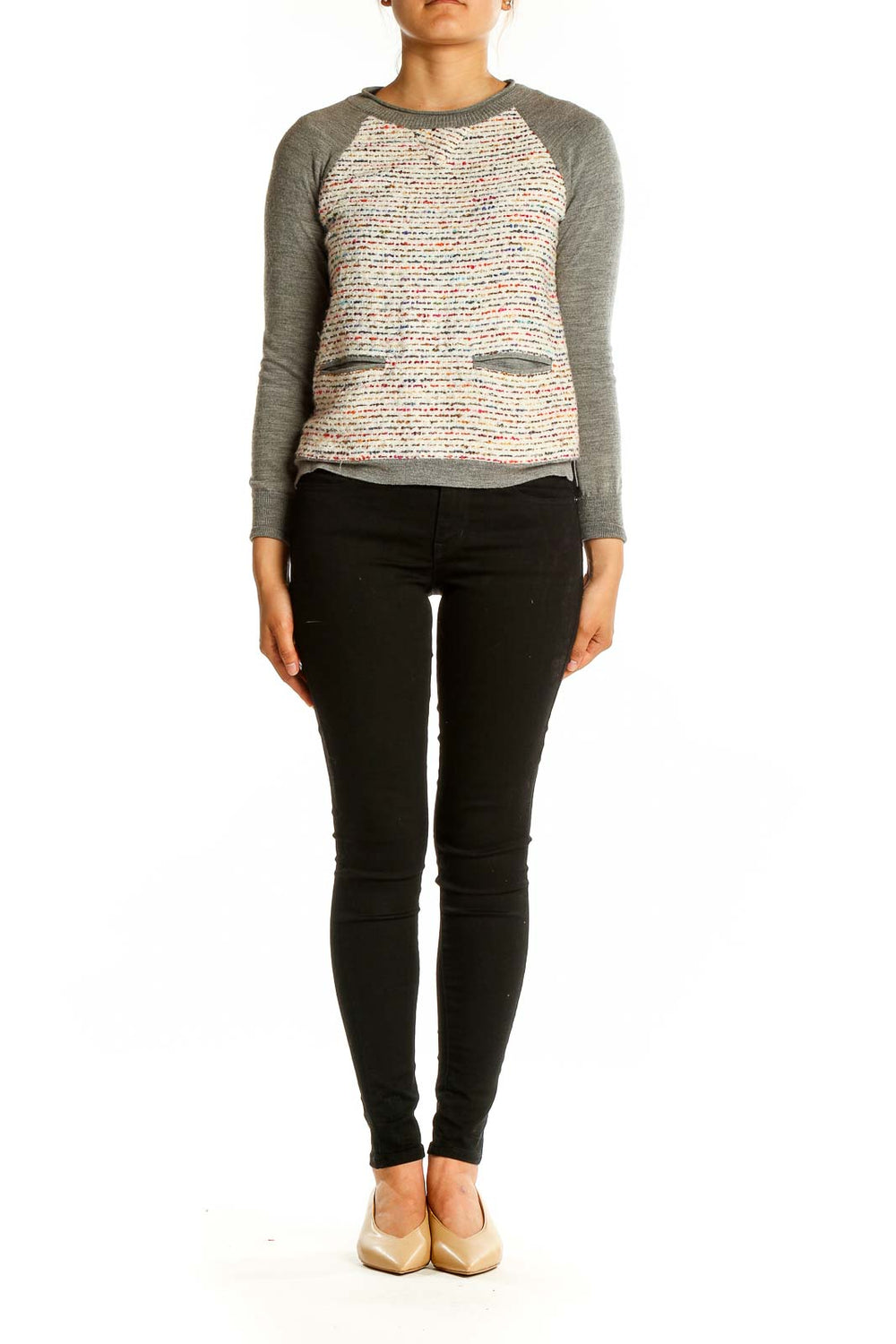 Front view of J.Crew gray textured sweater with multi-colored panel