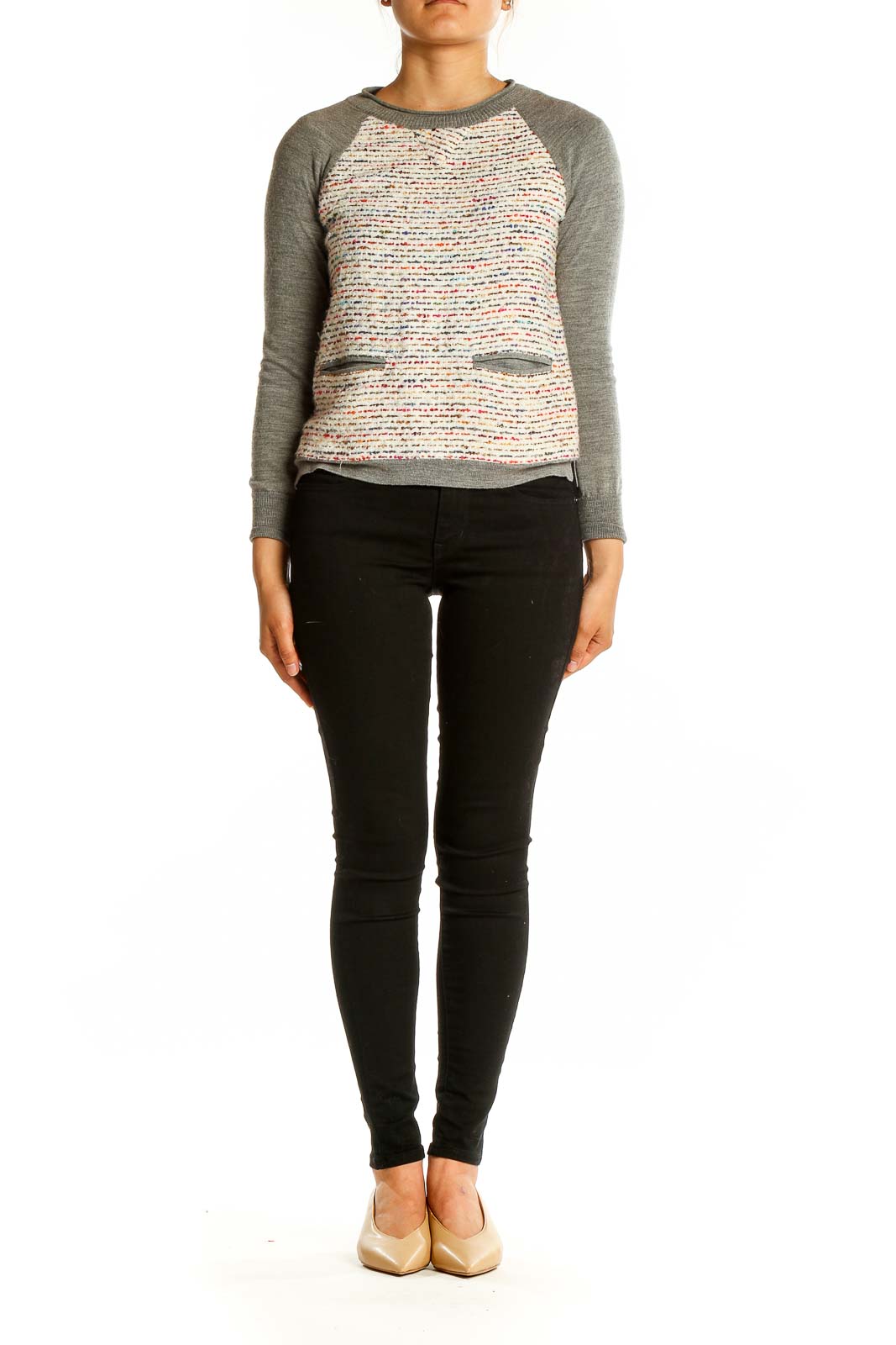 Front view of J.Crew gray textured sweater with multi-colored panel