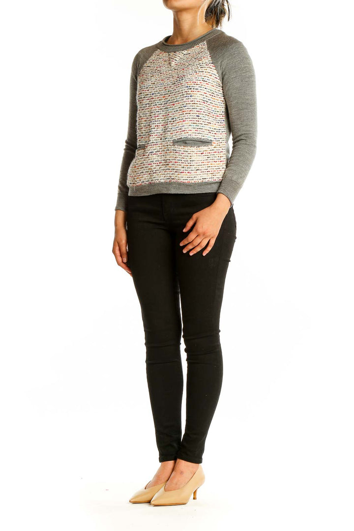 Front view of J.Crew gray textured sweater with multi-colored panel