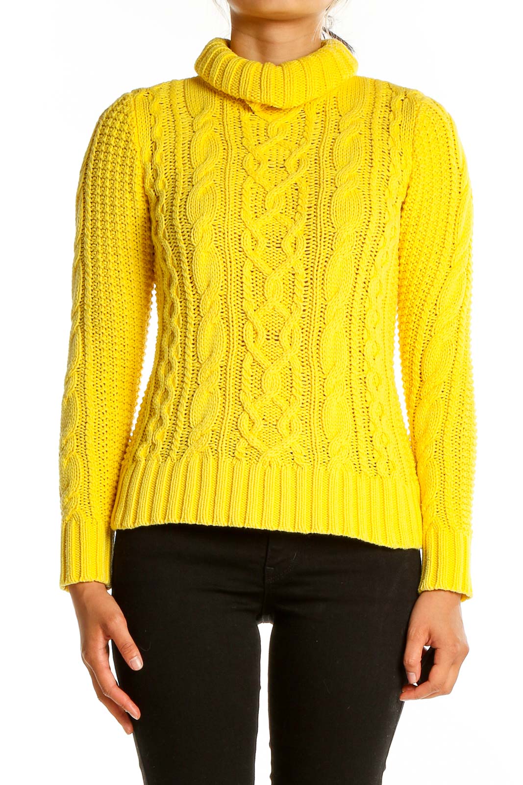 Front view of yellow cable knit turtleneck sweater by Lauren Jeans Co. Ralph Lauren