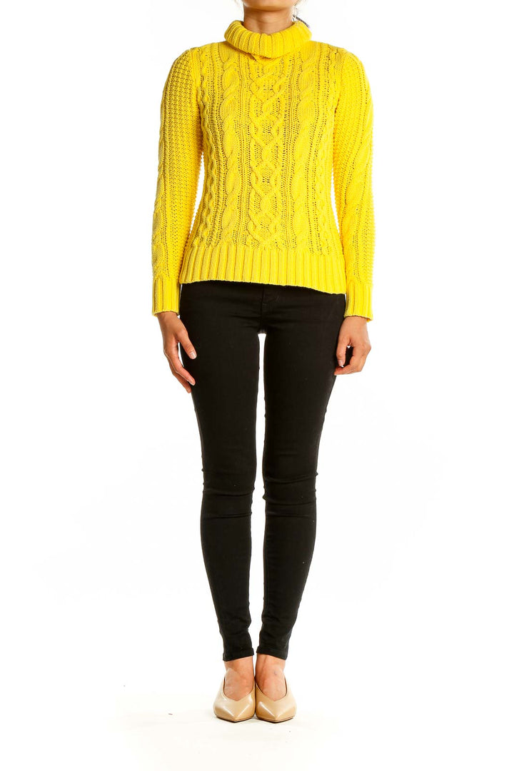 Front view of yellow cable knit turtleneck sweater by Lauren Jeans Co. Ralph Lauren