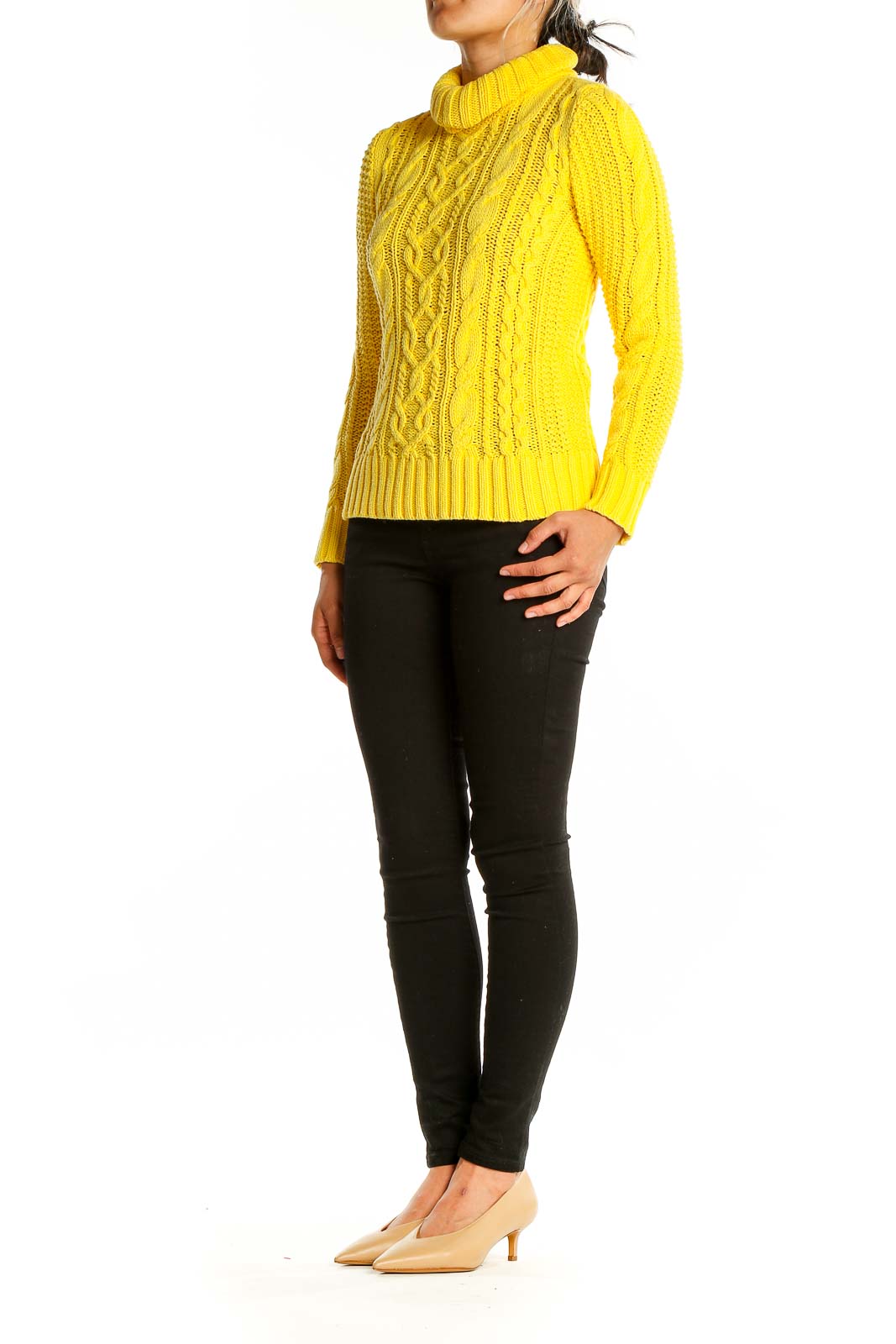 Front view of yellow cable knit turtleneck sweater by Lauren Jeans Co. Ralph Lauren