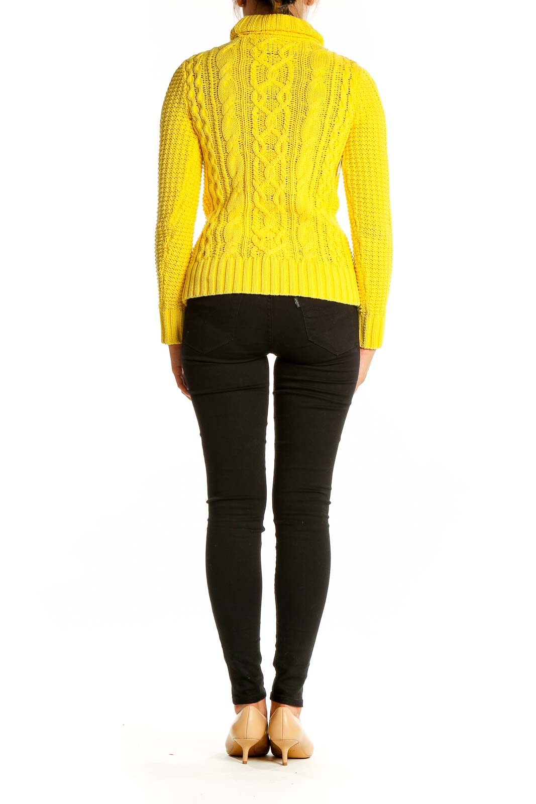 Back view of yellow cable knit turtleneck sweater by Lauren Jeans Co. Ralph Lauren