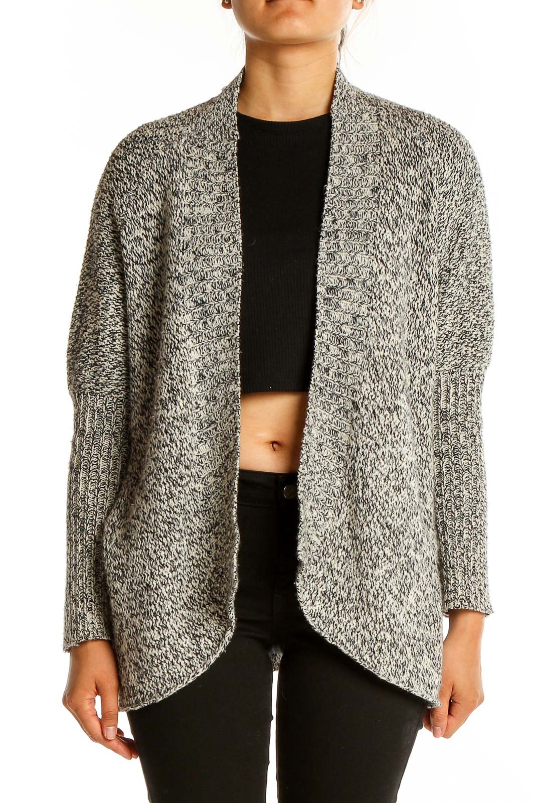 Front view of RD Style gray marled open front cardigan on model