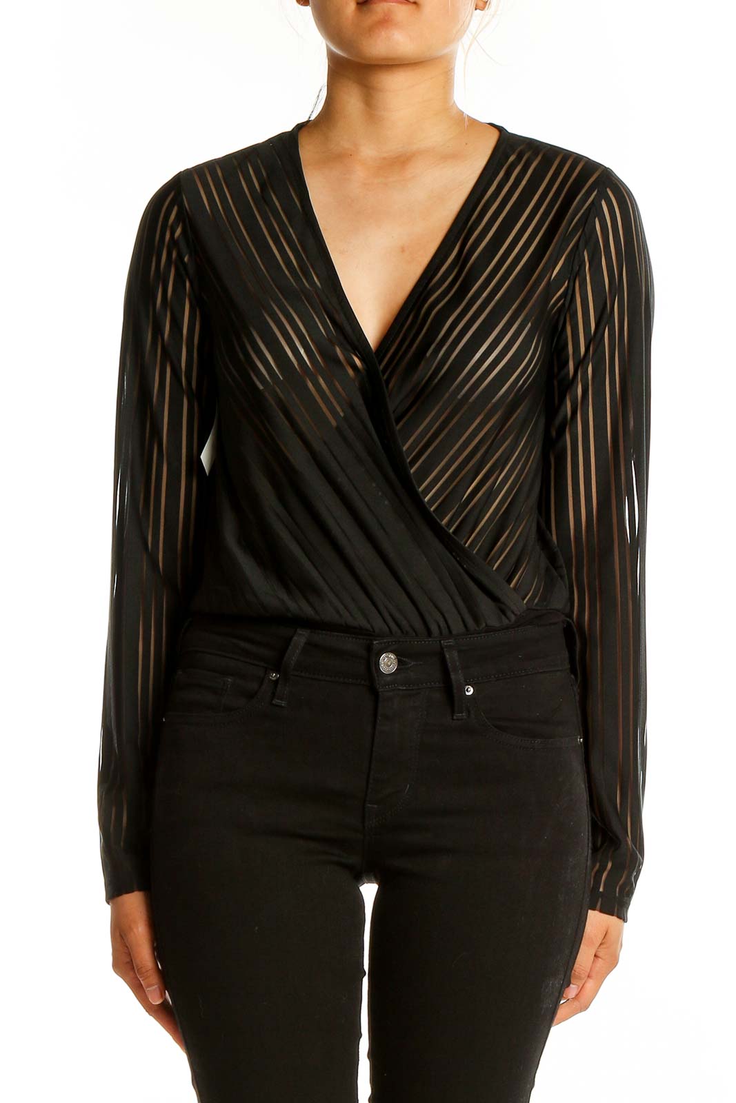 Front view of Bardot black sheer striped wrap bodysuit with plunging neckline