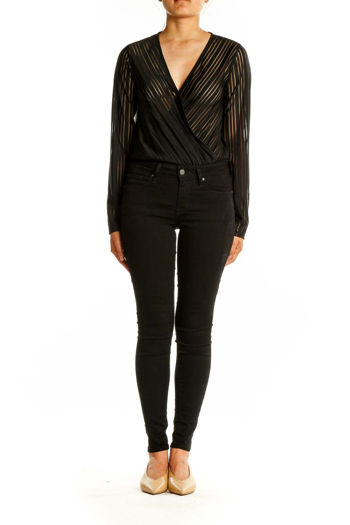 Front view of Bardot black sheer striped wrap bodysuit with plunging neckline