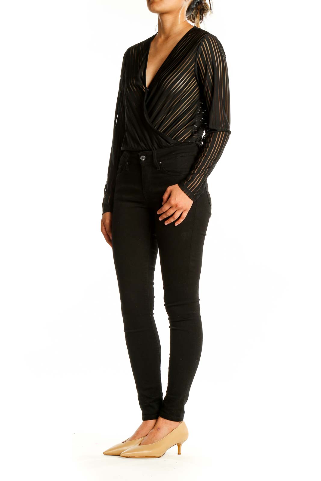 Front view of Bardot black sheer striped wrap bodysuit with plunging neckline