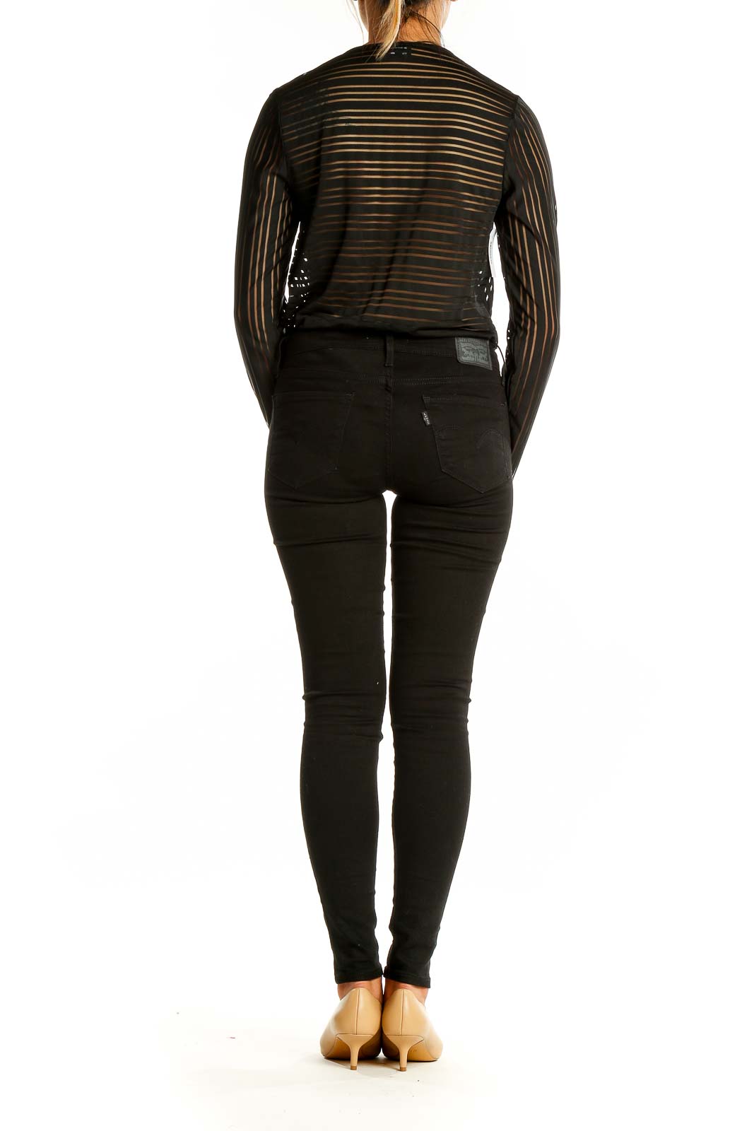 Back view of Bardot black sheer striped bodysuit showing vertical stripe pattern