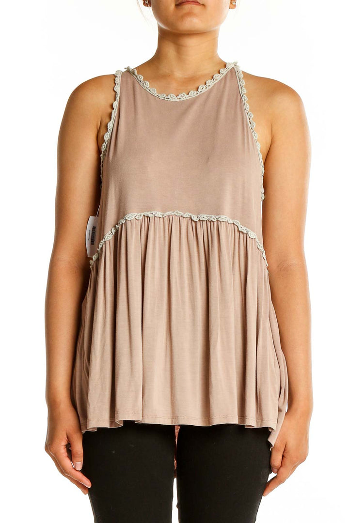 Front view of beige POL sleeveless babydoll top with lace trim