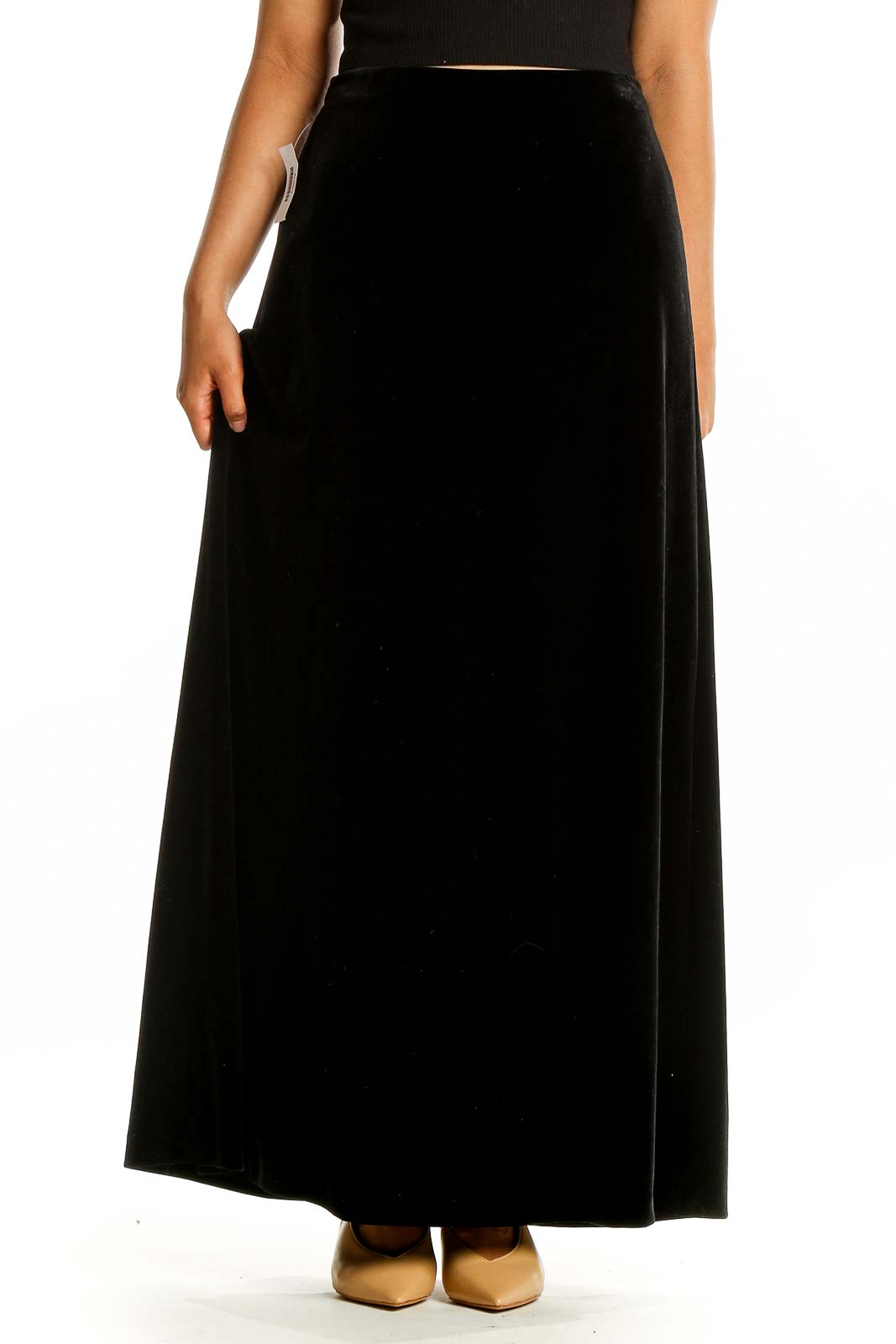 Front view of Alex Evenings black velvet maxi skirt