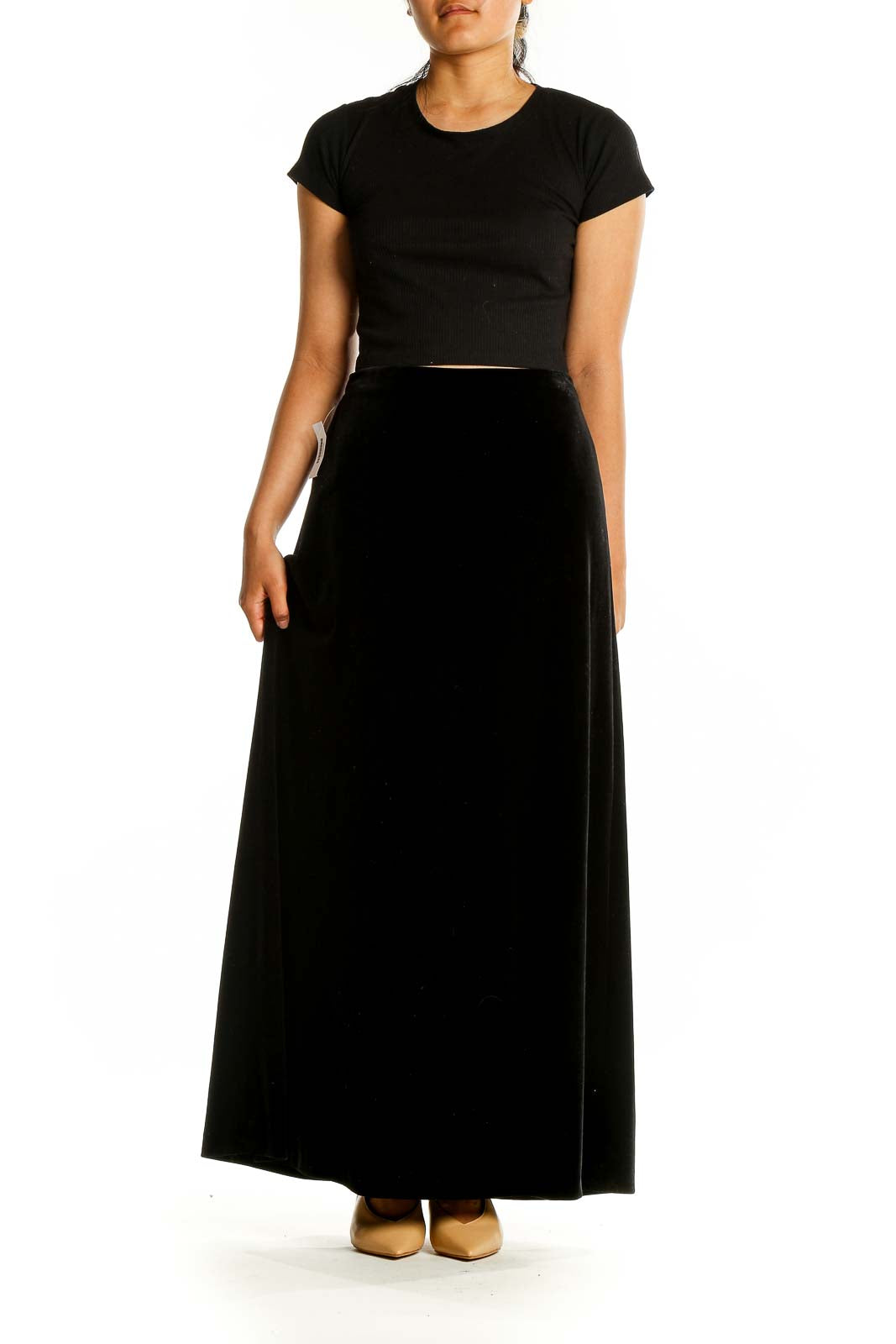 Front view of Alex Evenings black velvet maxi skirt