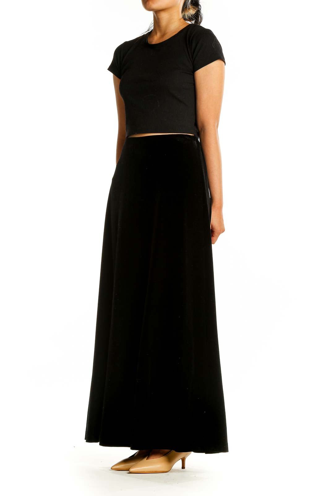 Front view of Alex Evenings black velvet maxi skirt