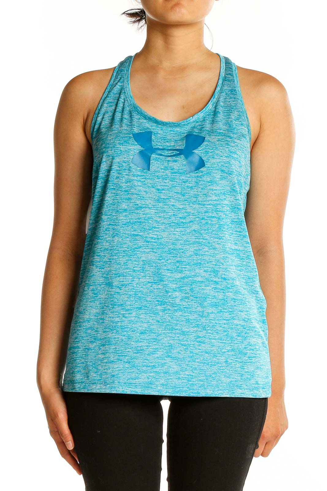 Front view of teal heathered Under Armour racerback tank top