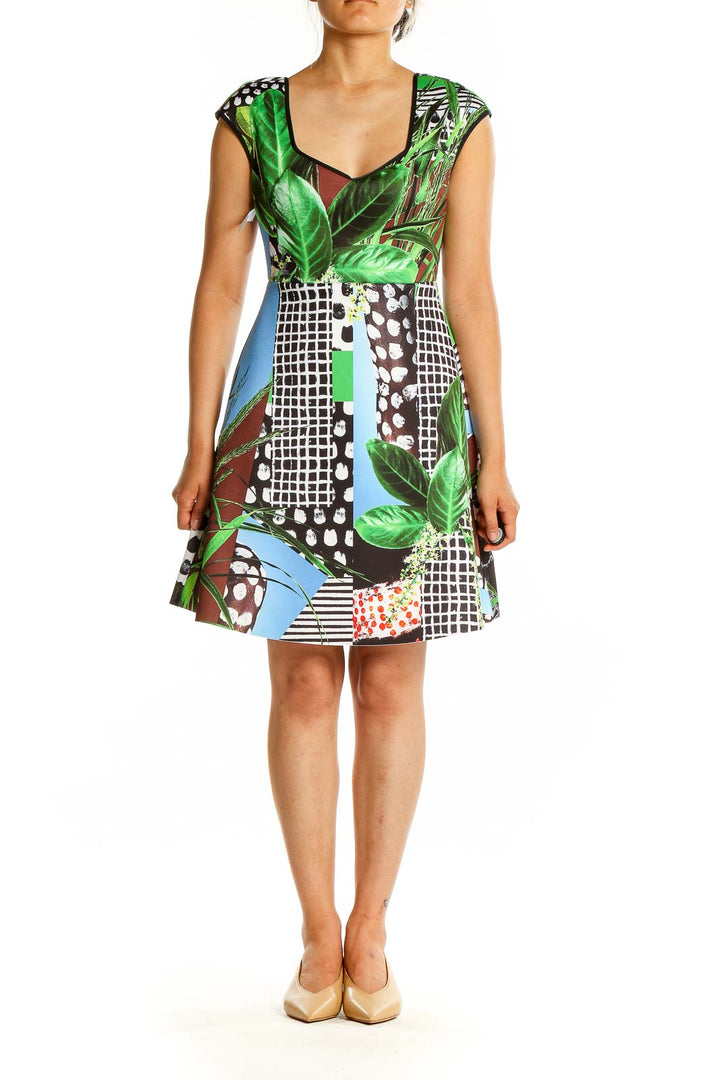 Front view of Clover Canyon multicolor tropical print dress with sweetheart neckline