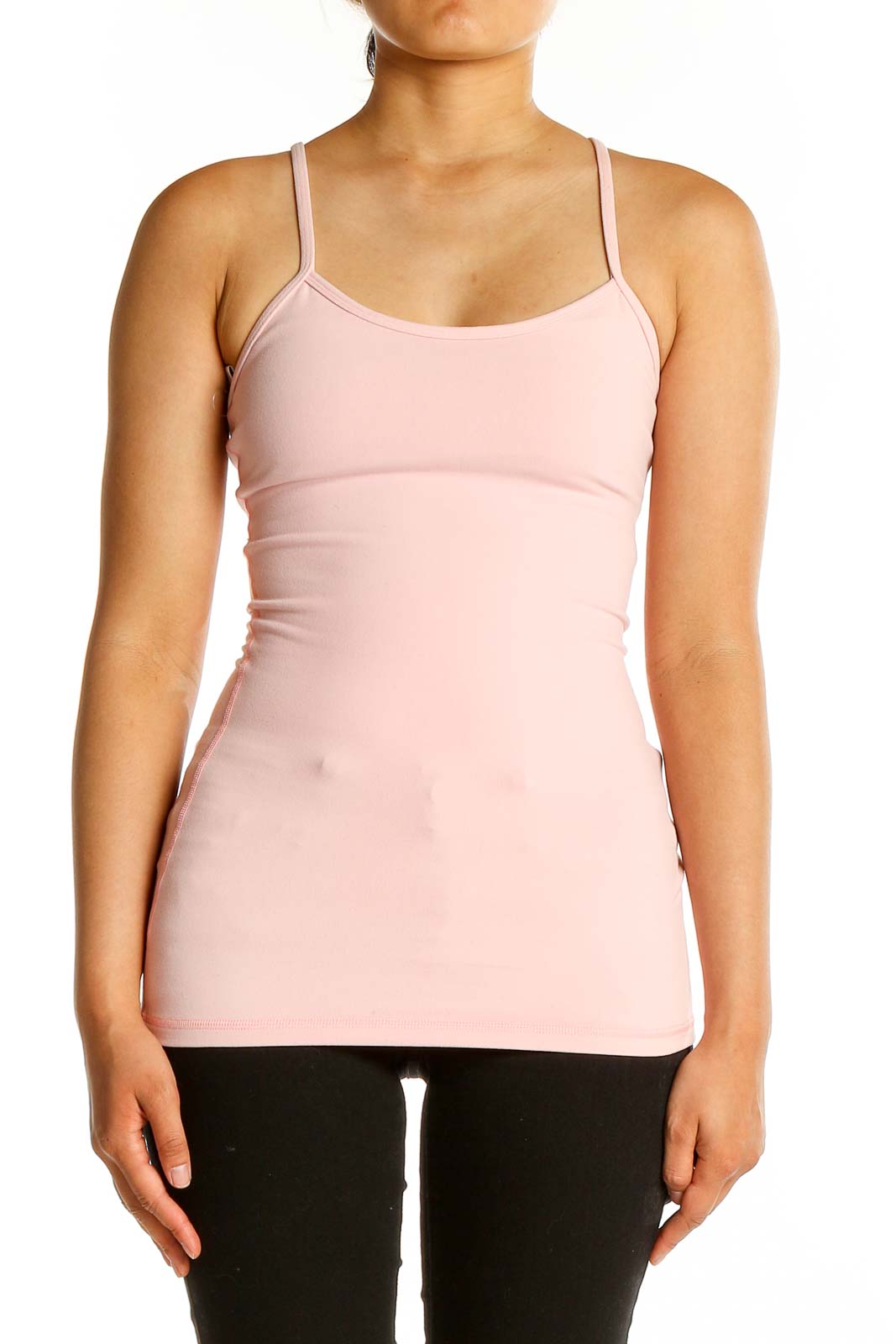 Front view of pink Lululemon fitted workout tank top