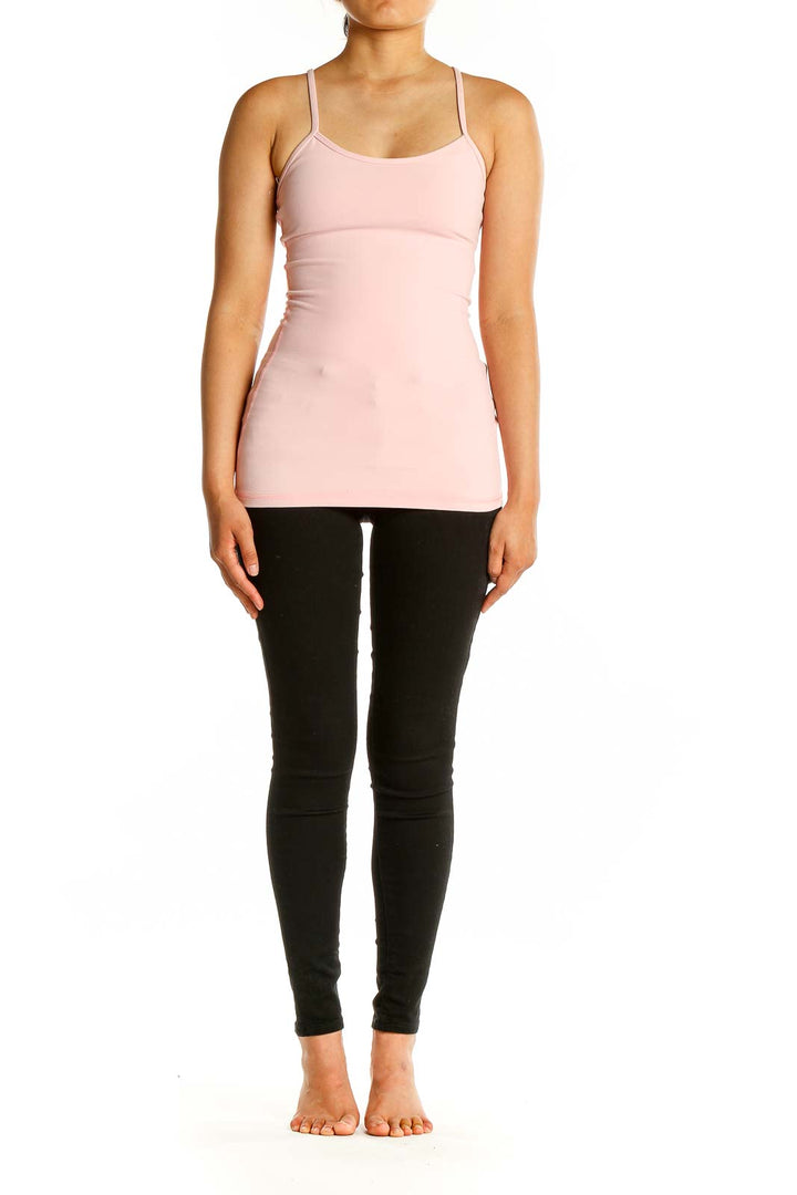 Front view of pink Lululemon fitted workout tank top