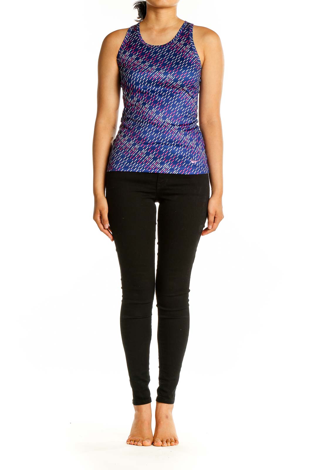 Front view of purple patterned Nike performance tank top