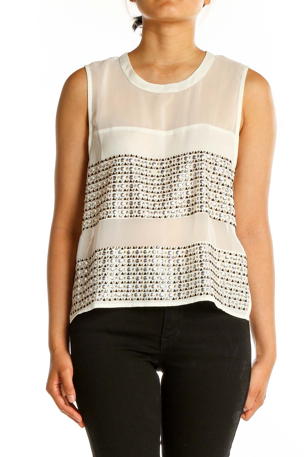 Front view of Endless Rose white sleeveless blouse with sheer panels and beaded embellishments