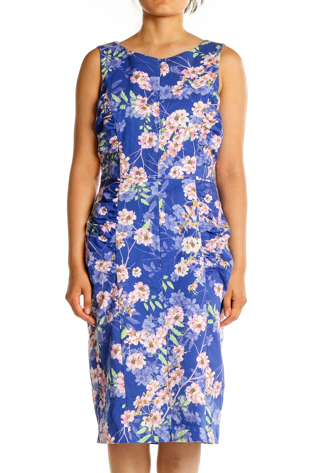 Front view of Phase Eight blue floral sheath dress with pink and white blossoms