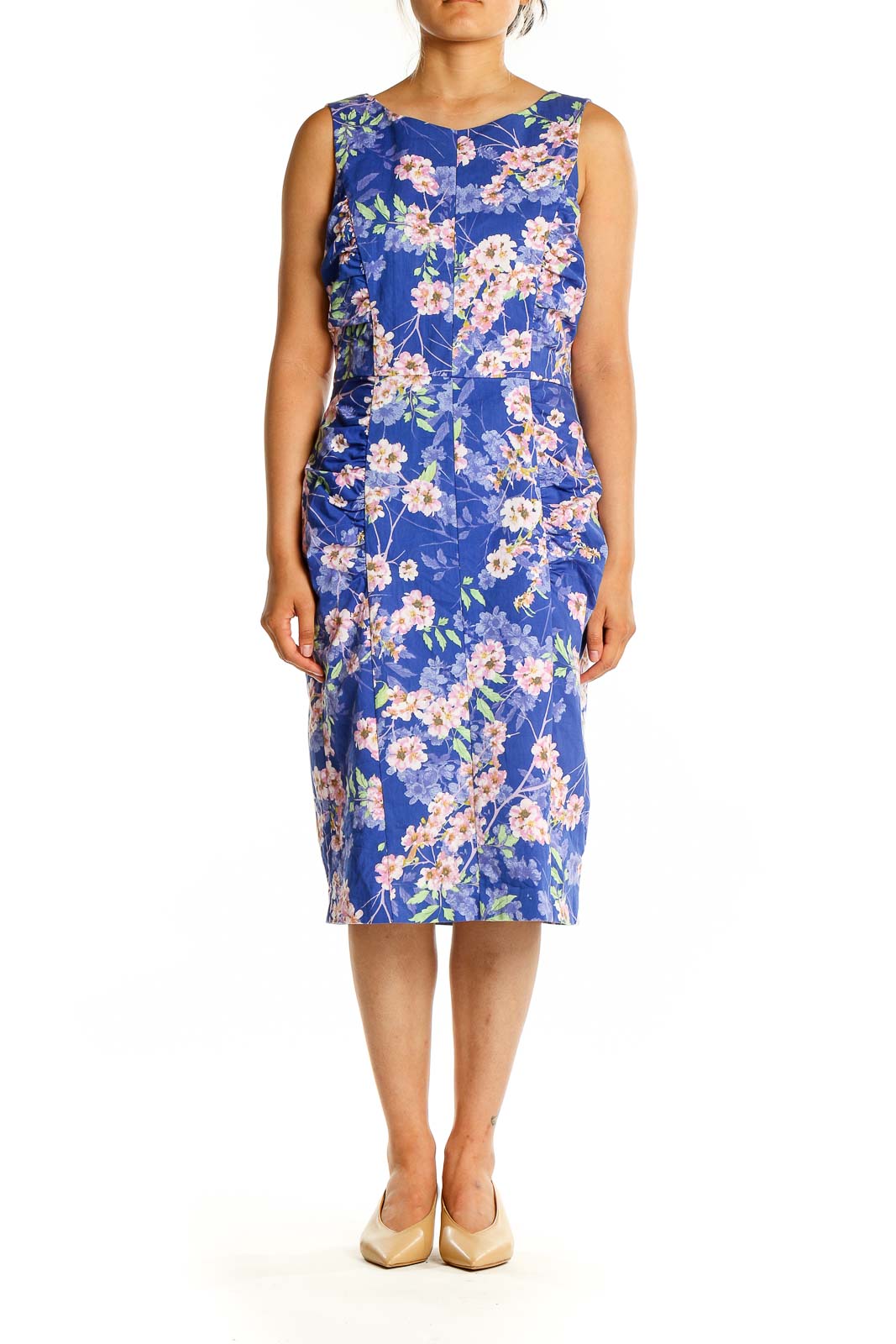 Front view of Phase Eight blue floral sheath dress with pink and white blossoms