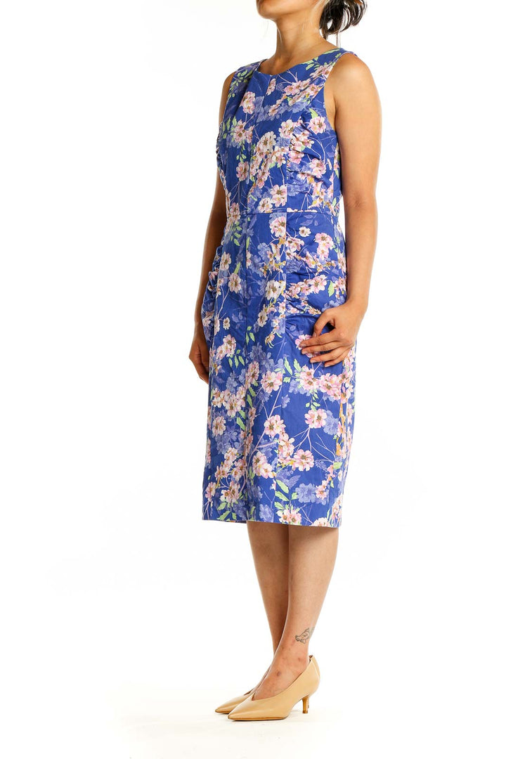 Front view of Phase Eight blue floral sheath dress with pink and white blossoms