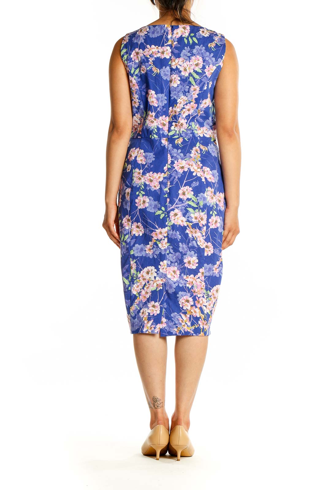 Back view of Phase Eight blue floral sheath dress showing concealed zipper