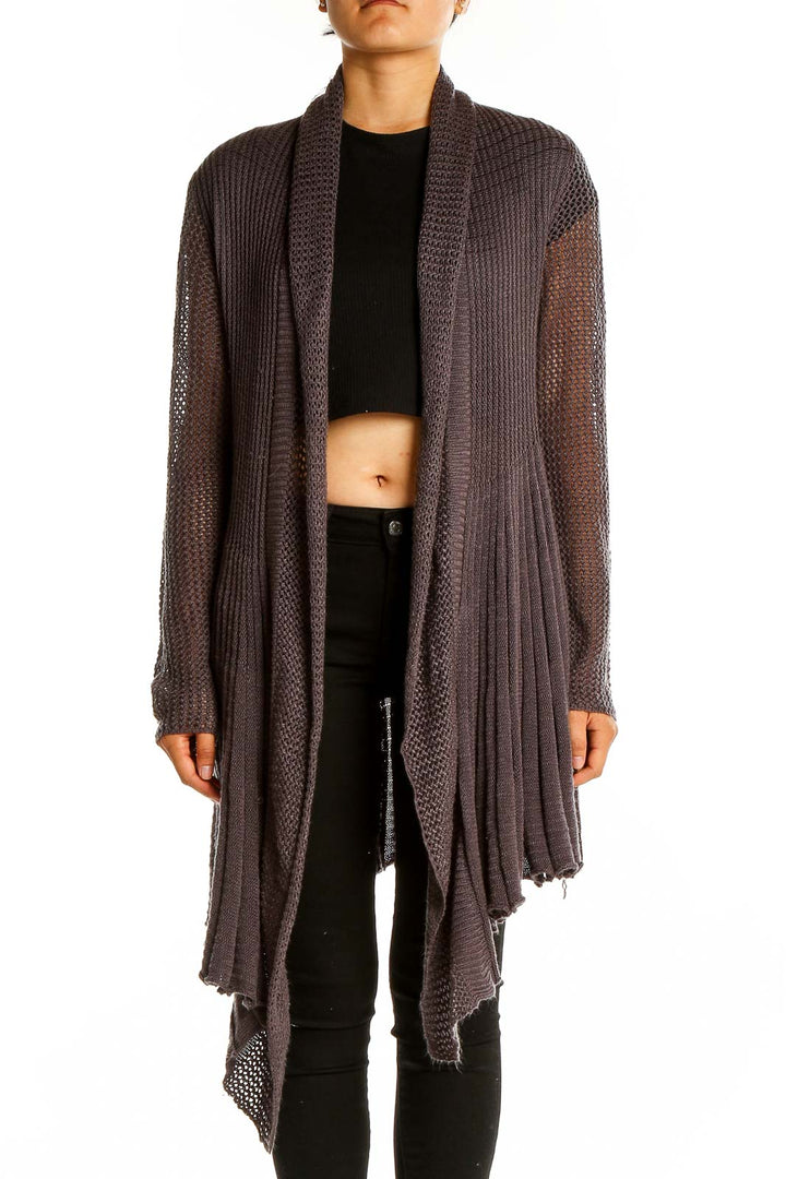 Front view of gray ribbed open-front cardigan from Torrid