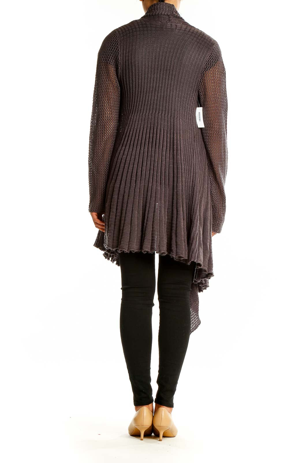 Back view of gray ribbed open-front cardigan showing drape and length