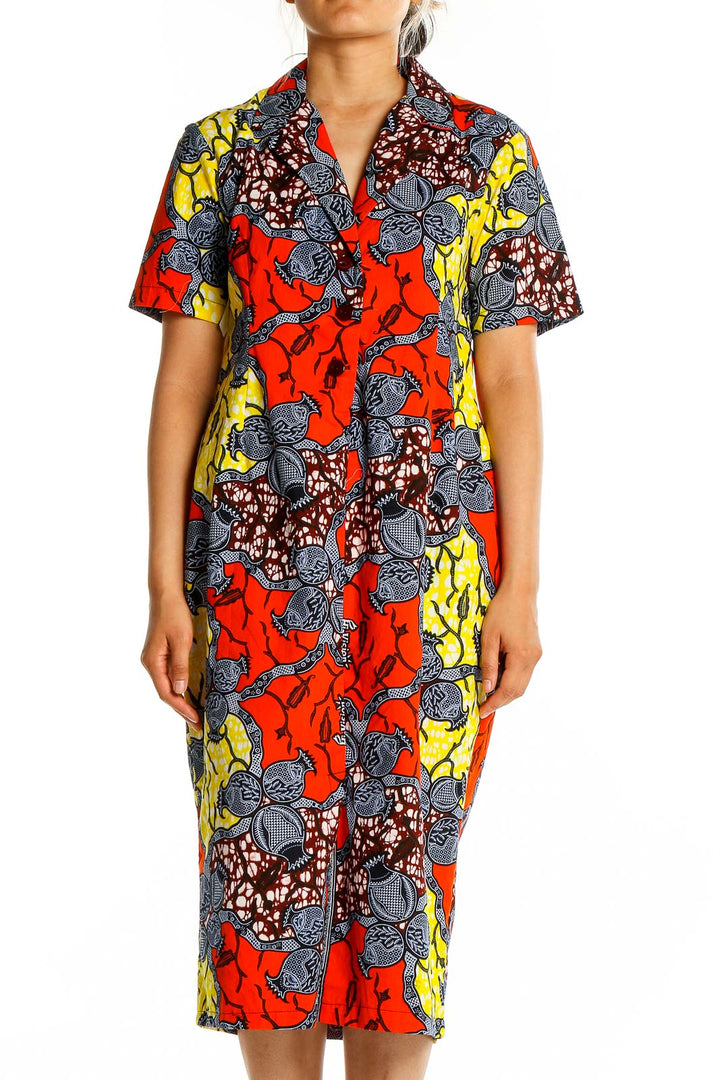 Front view of SilkRoll multicolor floral print shirt dress with red, yellow, and blue flowers