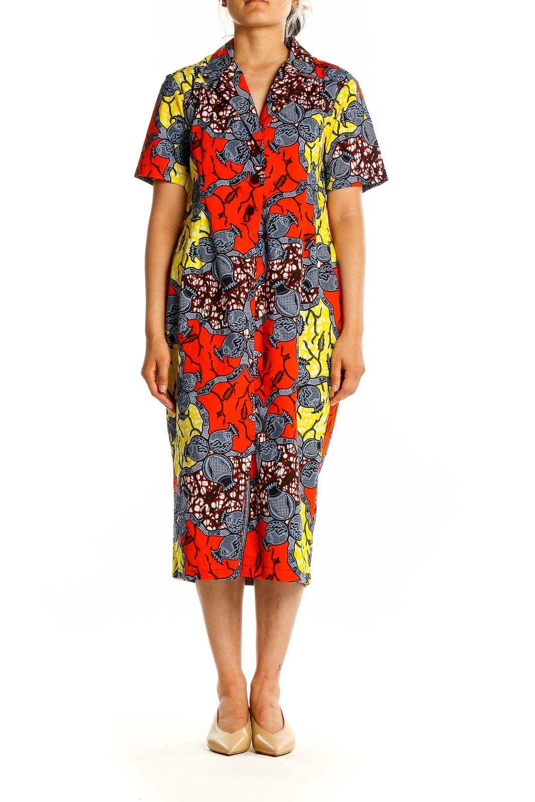 Front view of SilkRoll multicolor floral print shirt dress with red, yellow, and blue flowers