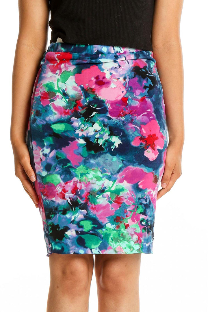 Pink Blue Floral Pencil Skirt