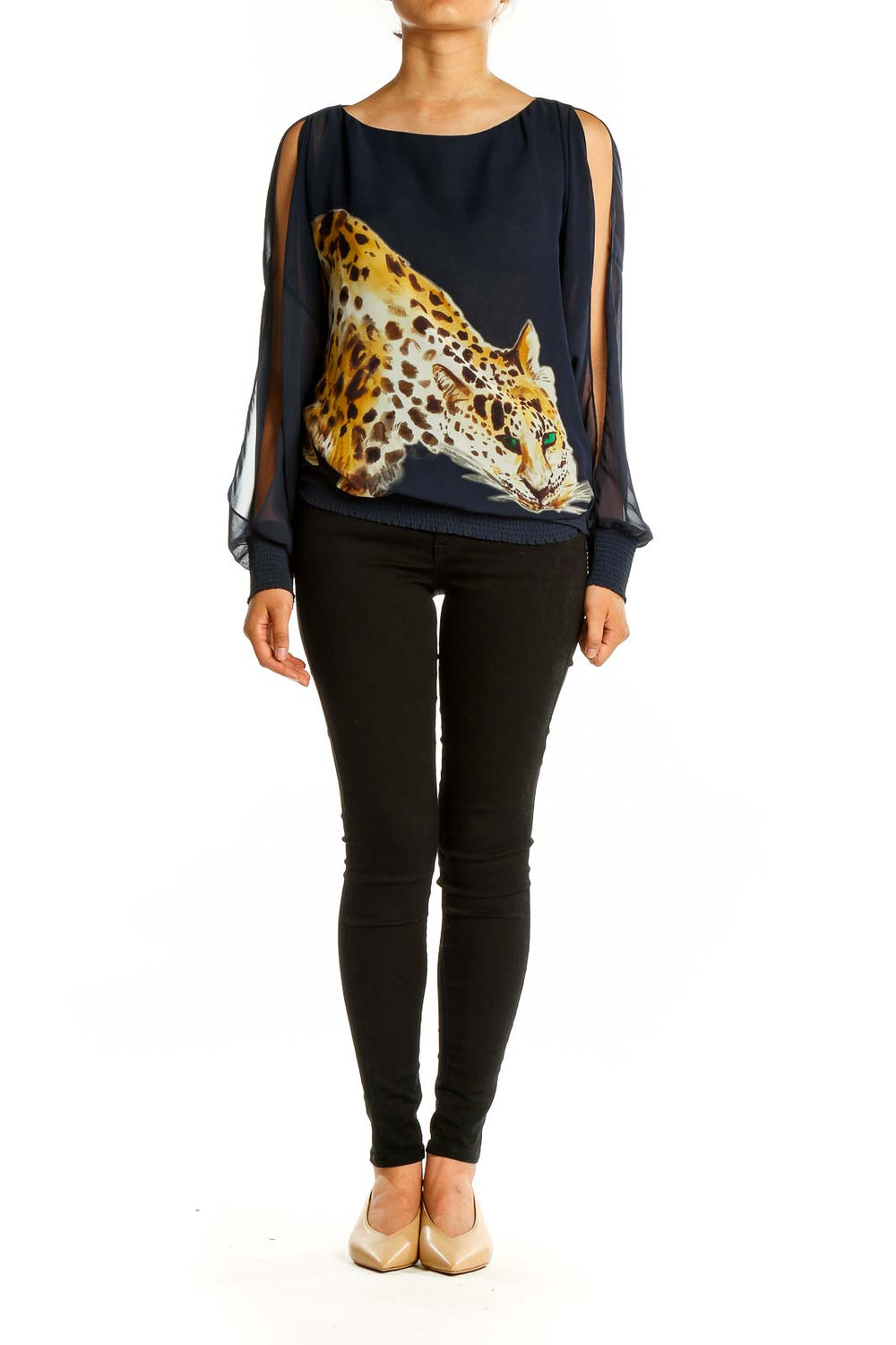 Front view of Trina Turk navy top with leopard print and sheer sleeves