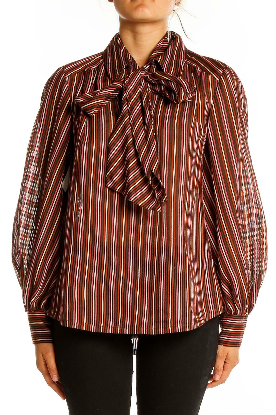 Front view of Trina Turk burgundy striped blouse with bow-tie neckline