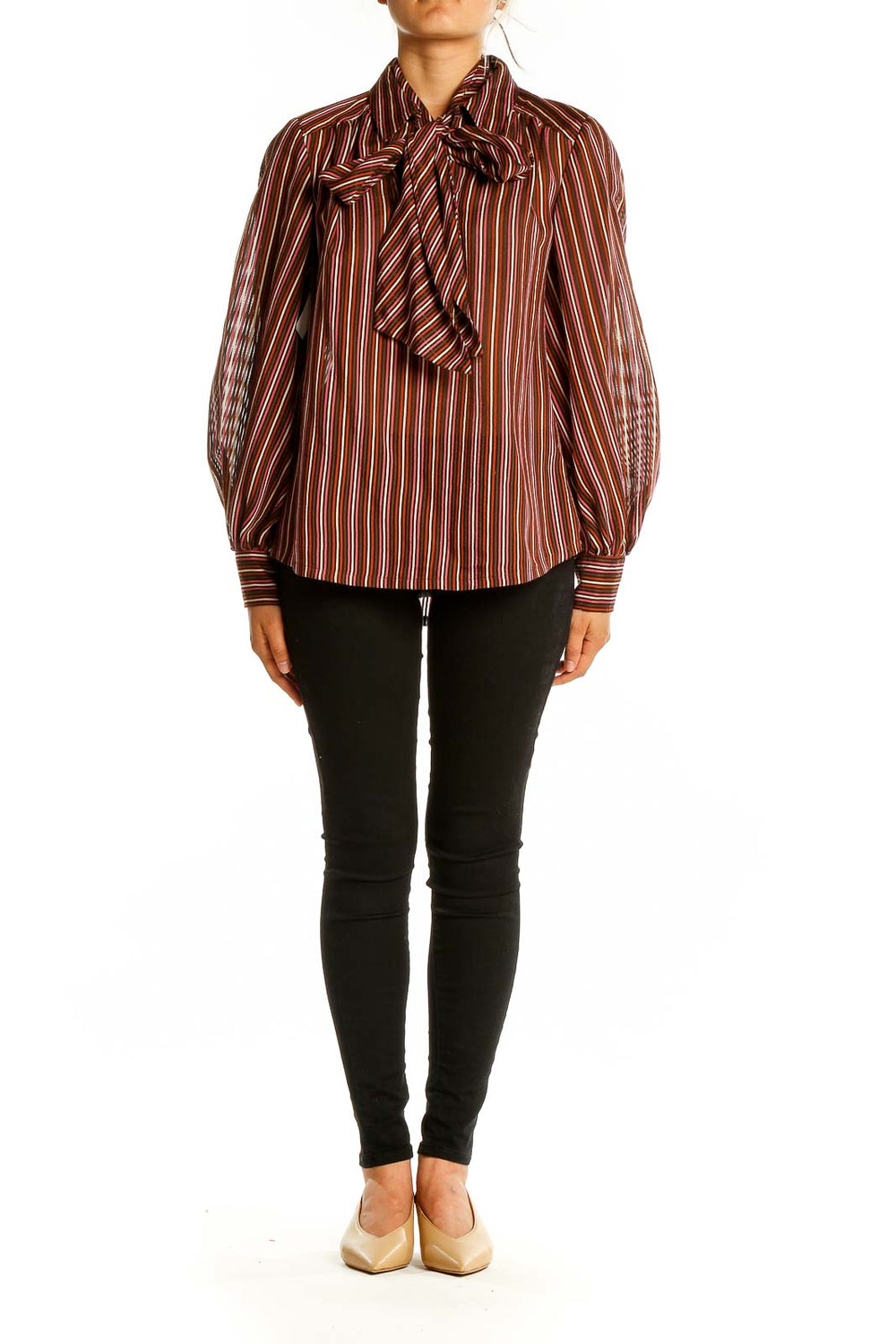 Front view of Trina Turk burgundy striped blouse with bow-tie neckline