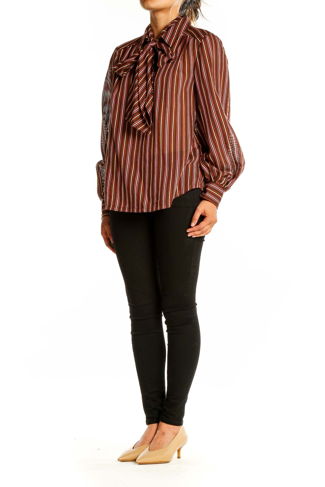 Front view of Trina Turk burgundy striped blouse with bow-tie neckline