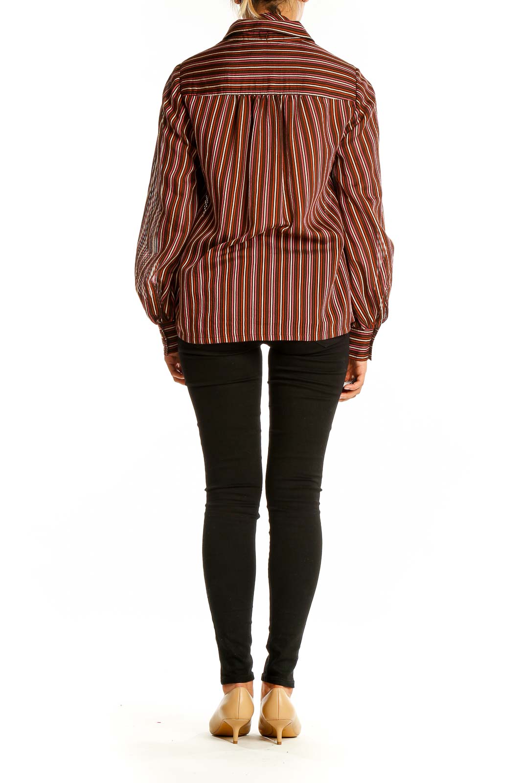 Back view of Trina Turk burgundy striped blouse showing full length and fit