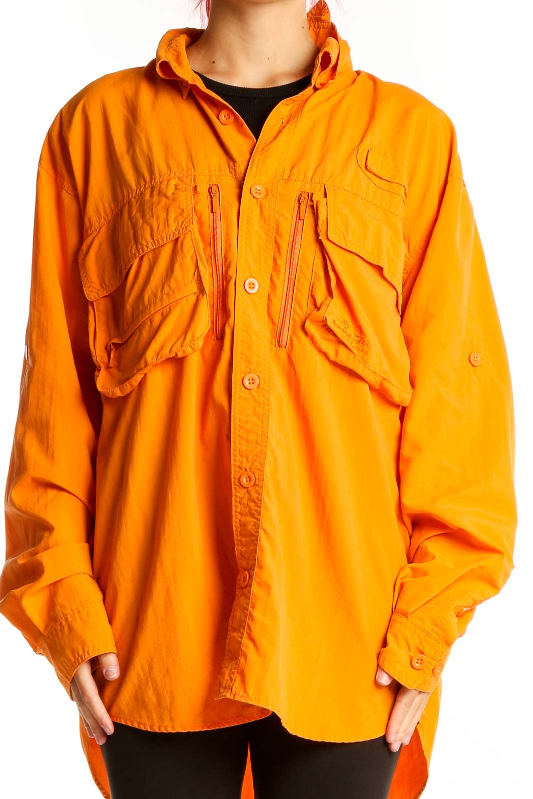 Front view of Cabela's orange nylon utility jacket with multiple pockets