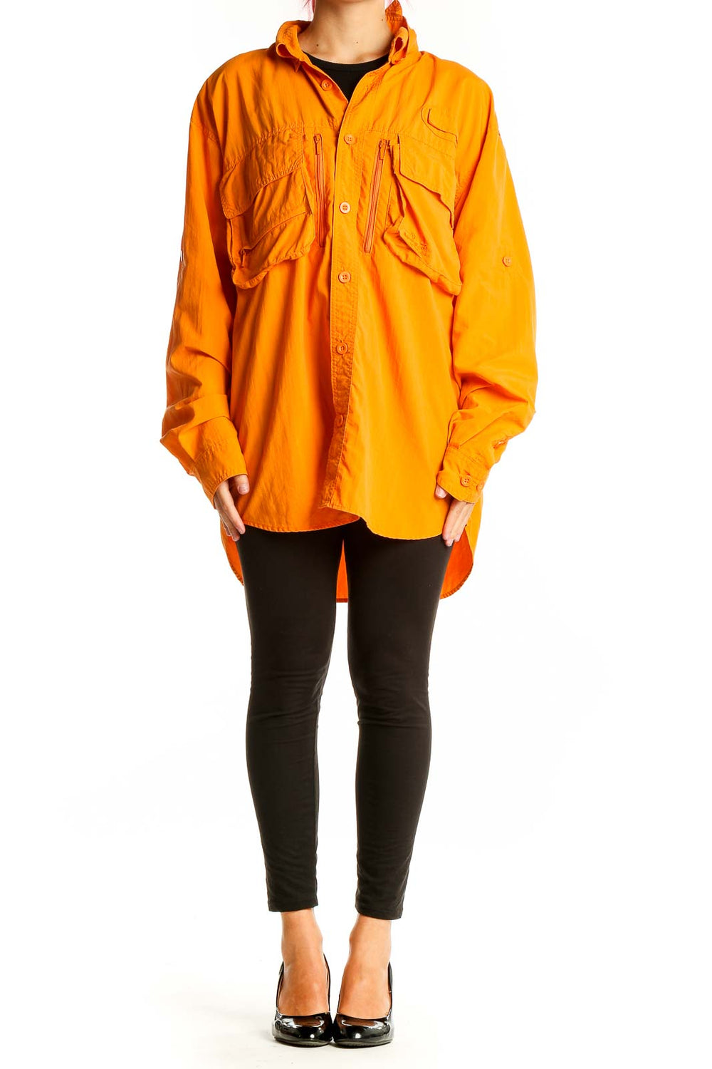 Front view of Cabela's orange nylon utility jacket with multiple pockets