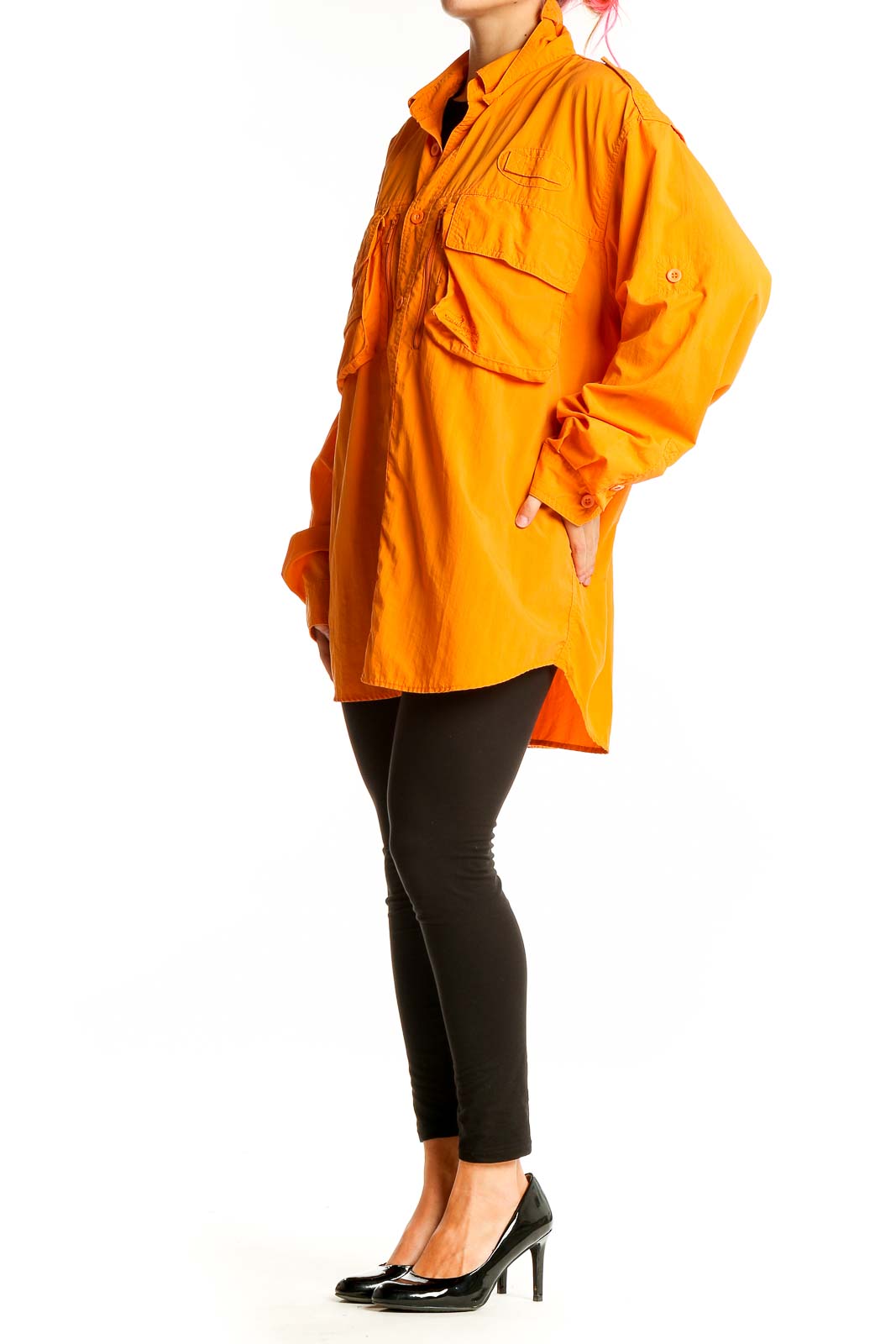 Front view of Cabela's orange nylon utility jacket with multiple pockets