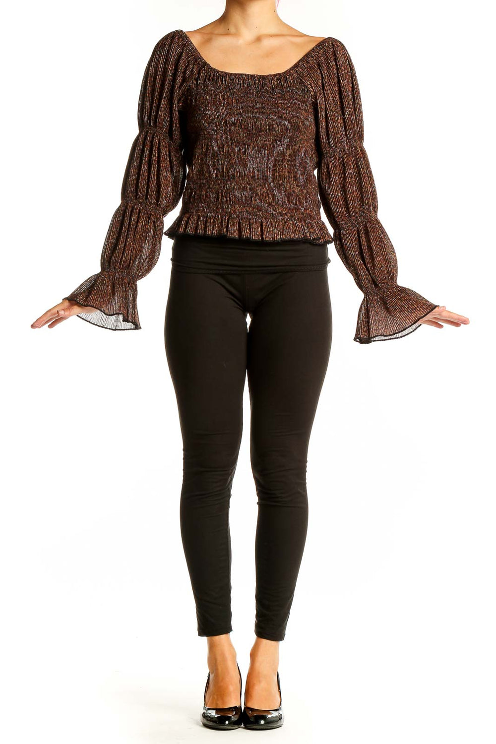 Front view of Anthropologie brown metallic smocked peasant top with off-shoulder design