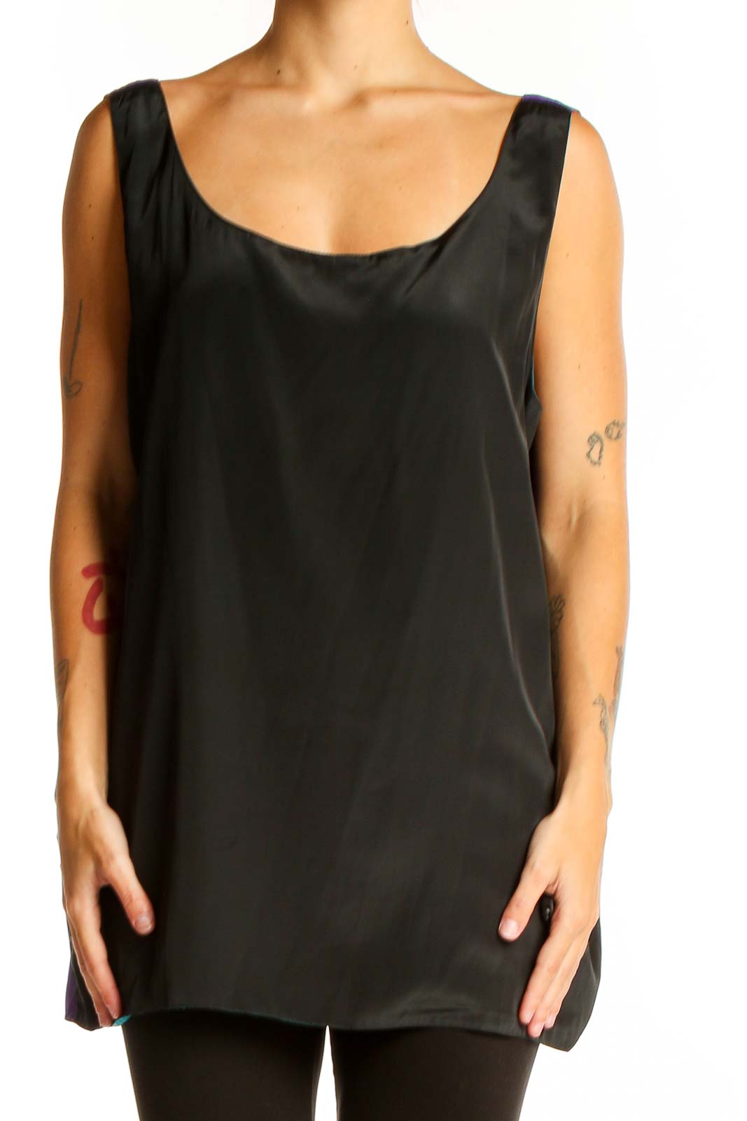 Front view of SilkRoll black sleeveless flowy tank top