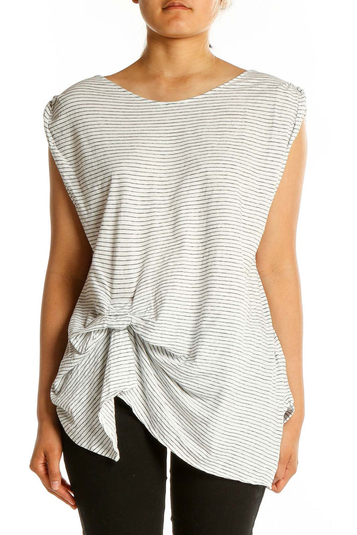 Front view of All Saints white striped sleeveless top with twist detail