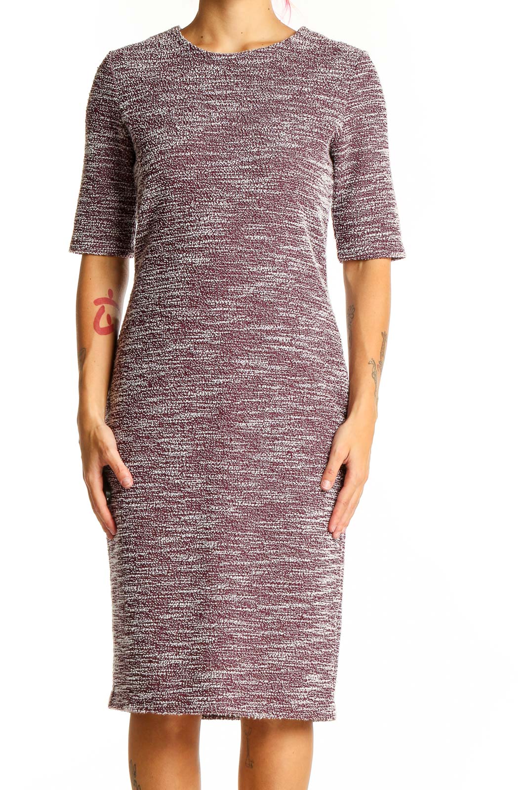 Front view of Banana Republic burgundy marled knit midi dress