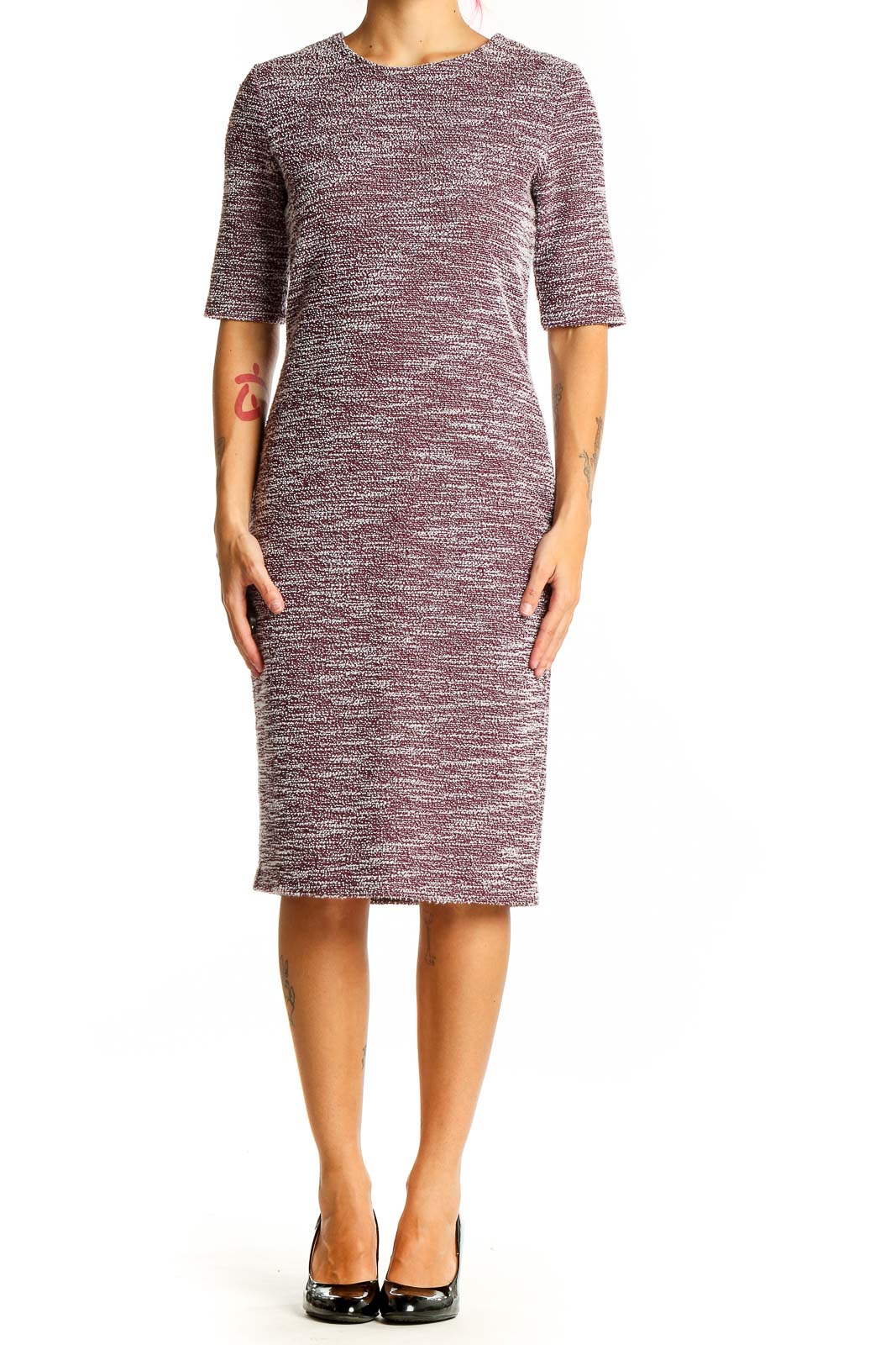 Front view of Banana Republic burgundy marled knit midi dress