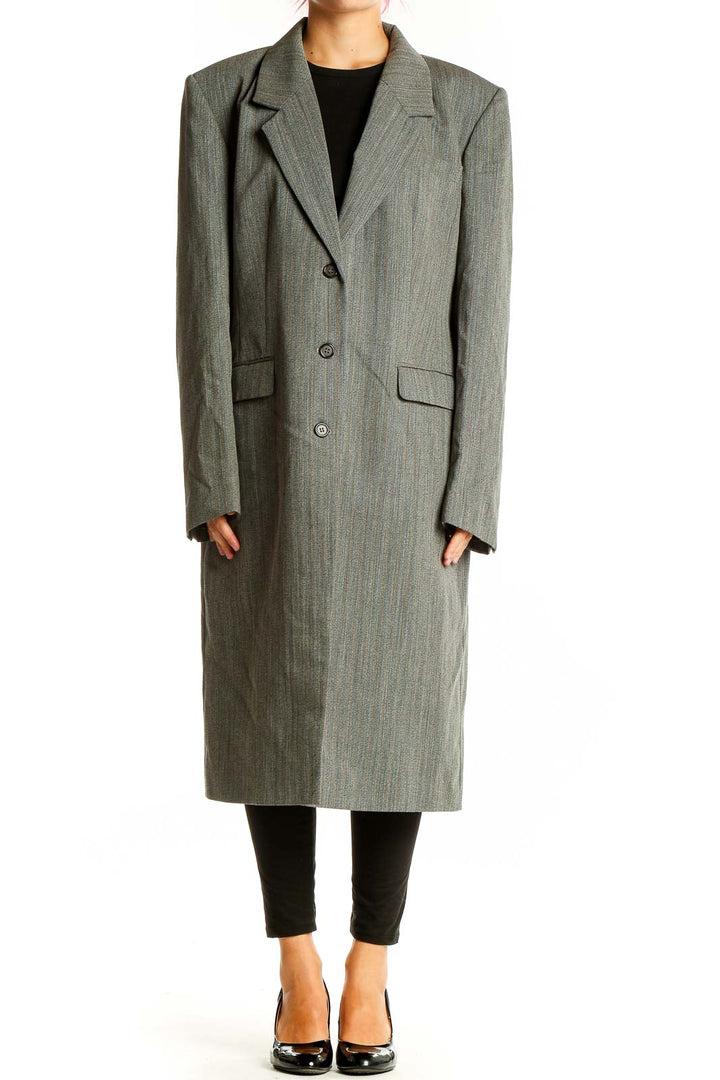 Front view of gray wool blend long coat from The J. Peterman Company