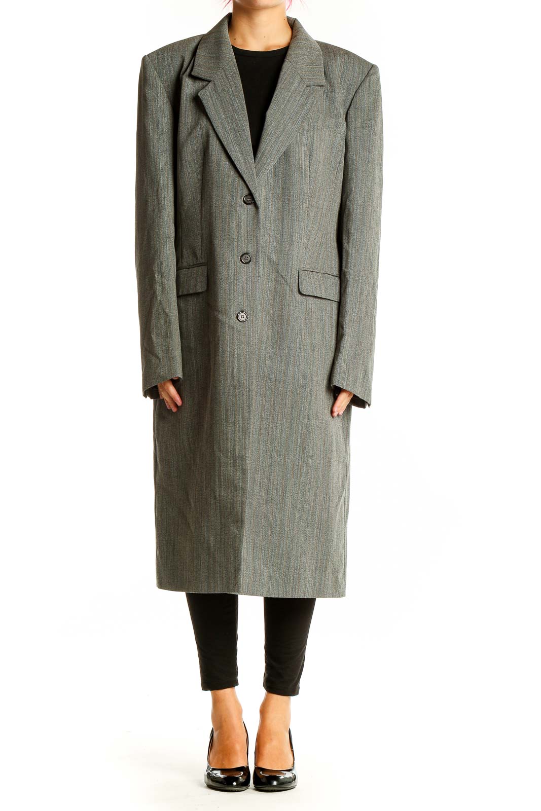 Front view of gray wool blend long coat from The J. Peterman Company