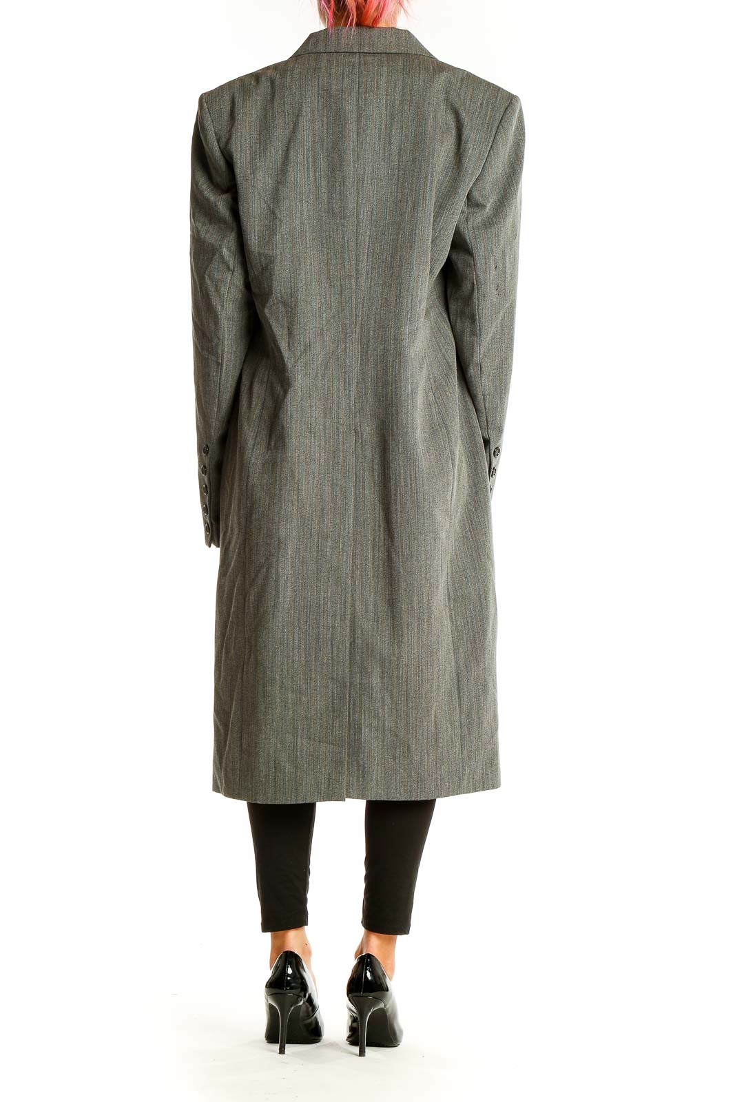 Back view of gray wool blend long coat from The J. Peterman Company