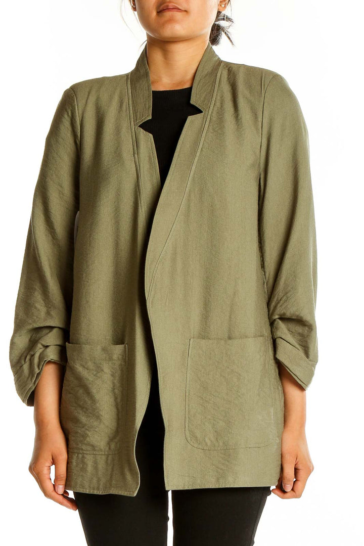 Front view of olive DKNY lightweight open-front jacket on model